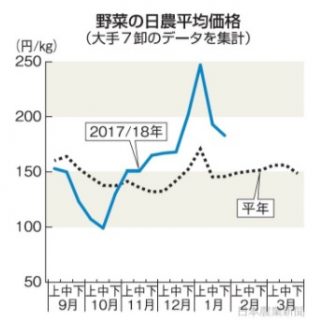 悪天候に基盤弱体化　野菜高騰　異例の長期化　５年平均の３割以上　出荷量伸び悩み　所得減の農家も